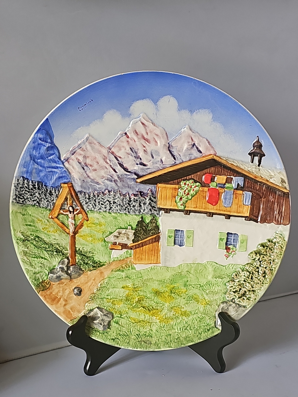 Vintage SCHRAMBERG Hand-Painted Alpine Cottage Decorative 12" Wall Plate